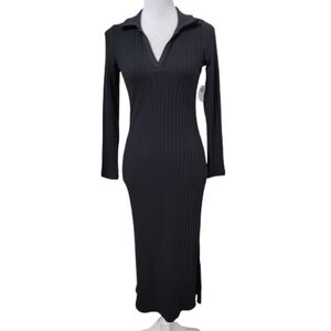 Old Navy Black Fitted Rib-Knit Polo Dress, Long Sleeve, Size XS, NEW with Tag